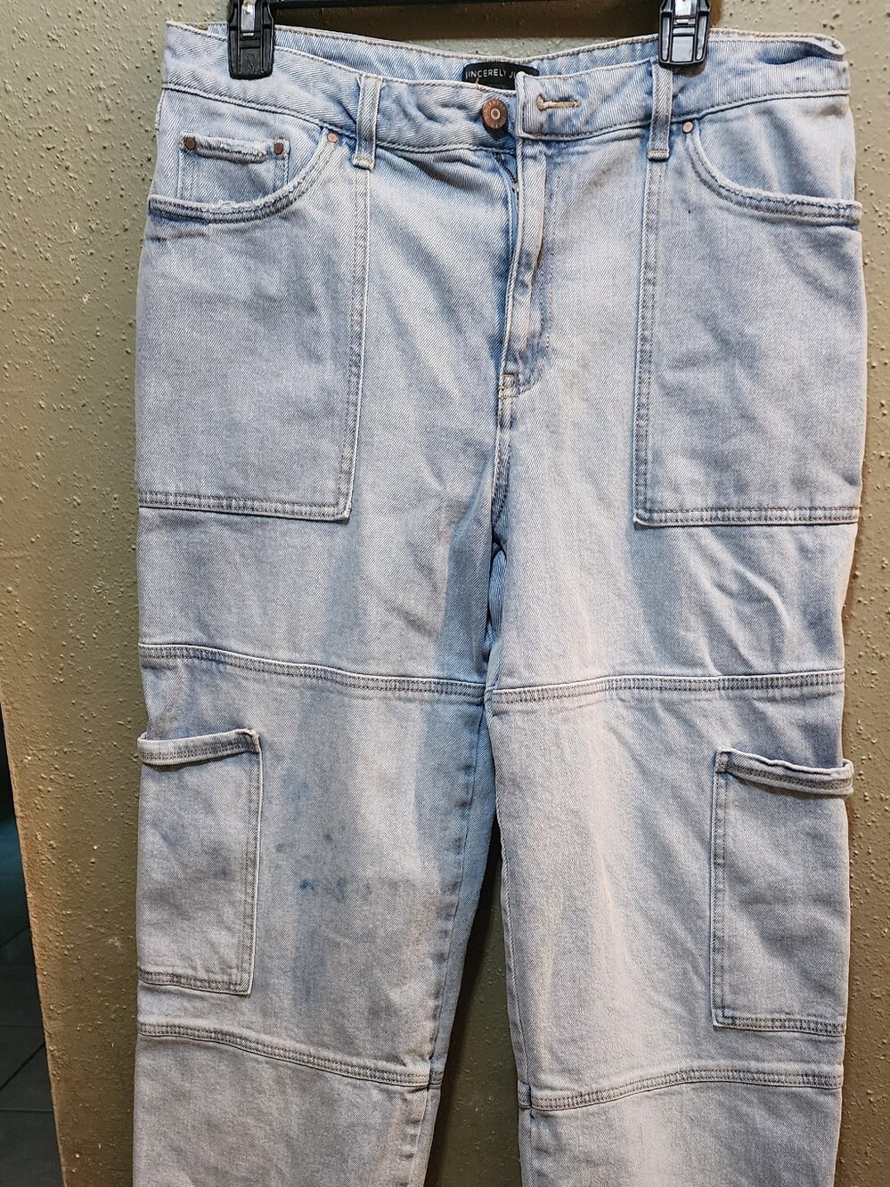Light Wash Denim Cargo Jeans  Pale Blue